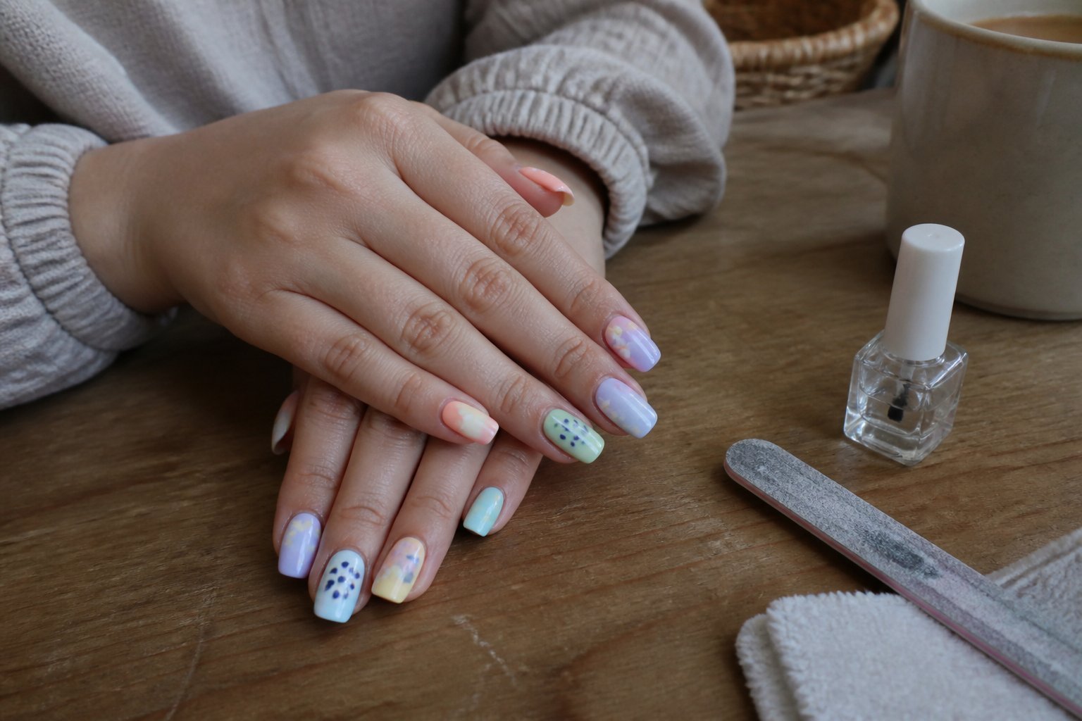 Close-up of hands with short coffin-shaped nails painted in pastel summer colors resting on a wooden surface with nail care tools nearby.
