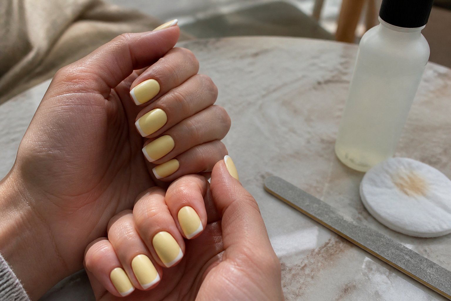 Close-up of hands with short coffin-shaped nails painted matte pastel yellow with thin white French tips, resting on a surface with nail care tools nearby.