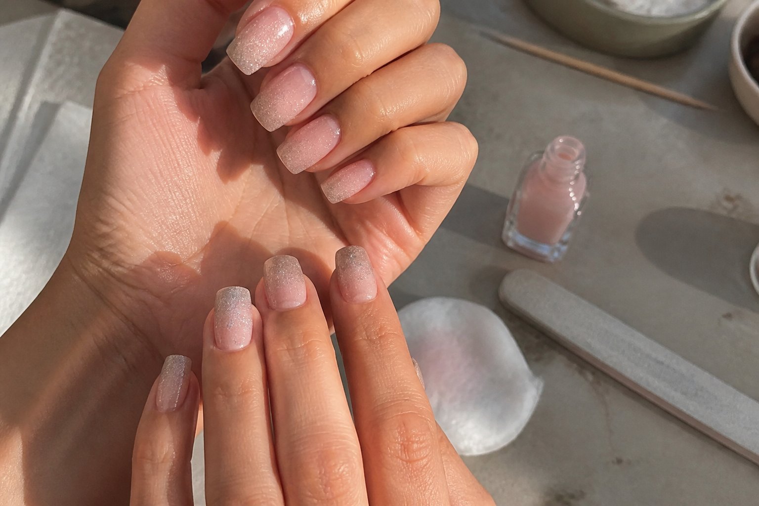 Close-up of hands with sheer pink short coffin-shaped nails featuring a micro-glitter ombre, surrounded by nail care tools on a light surface.