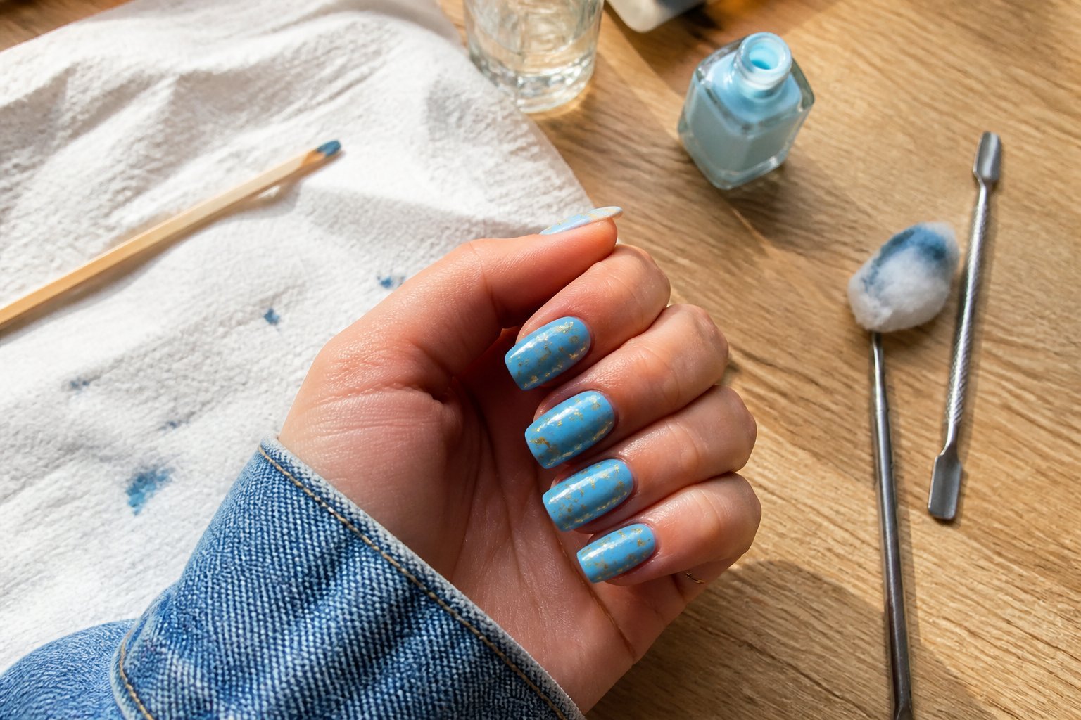 A hand with short coffin-shaped nails painted sky blue with tiny gold flakes resting on a wooden surface, surrounded by manicure tools.