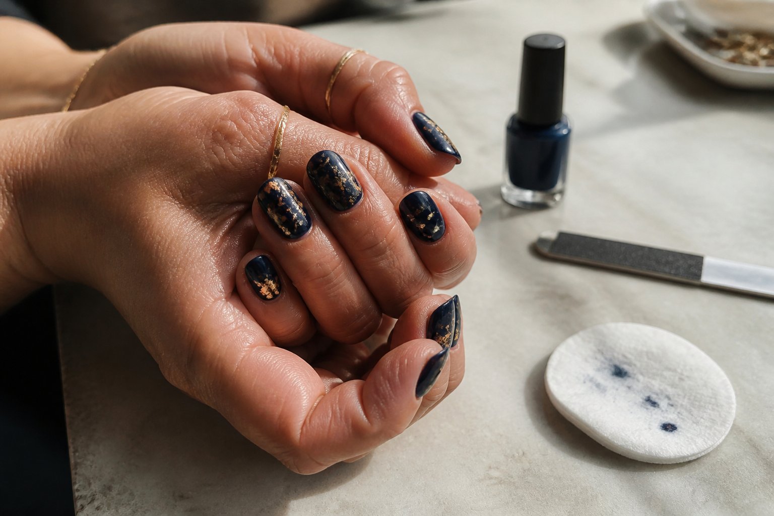 Close-up of hands with navy blue nails decorated with gold foil and tiny star studs, resting on a surface with nail care tools nearby.