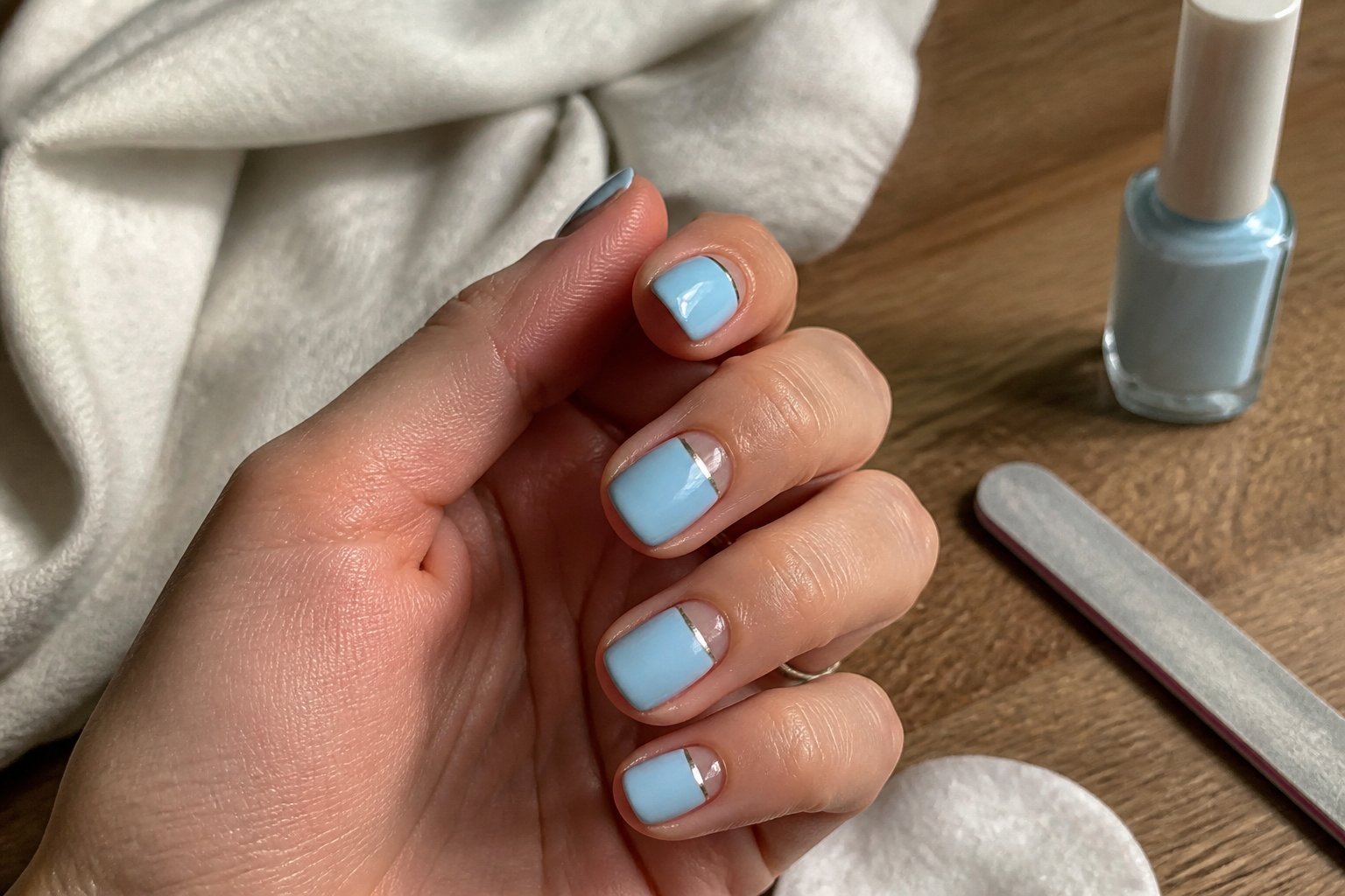 Close-up of hands with baby blue half-moon nails featuring a silver line, resting on a wooden surface with nail care tools nearby.