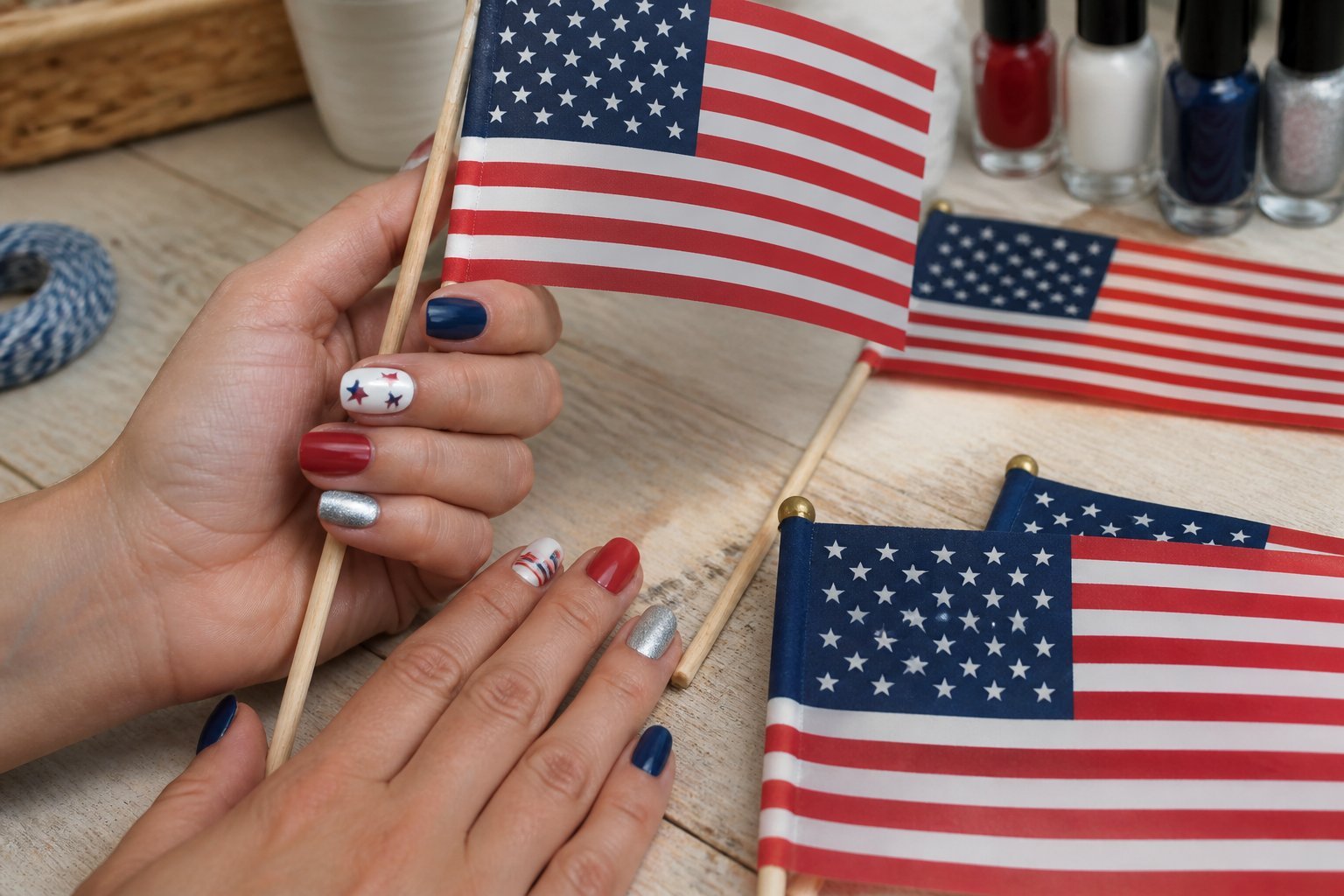 Close-up of hands with red, white, and blue painted nails holding small 4th of July mini flags on a light wooden surface, with natural daylight and casual arrangement of nail tools nearby.