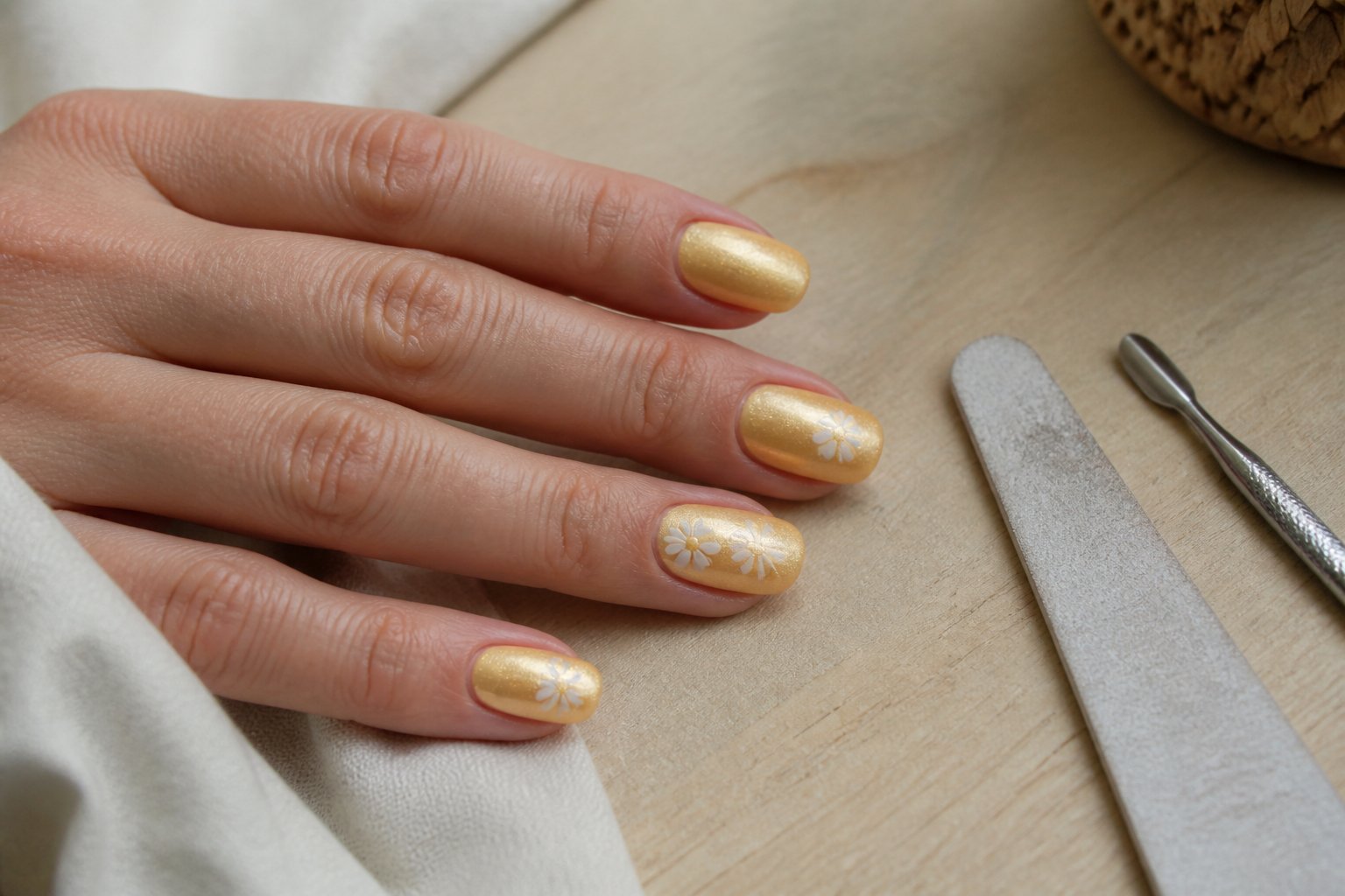 Close-up of a hand with butter yellow chrome nails and small white daisy accents resting on a wooden surface with manicure tools nearby.
