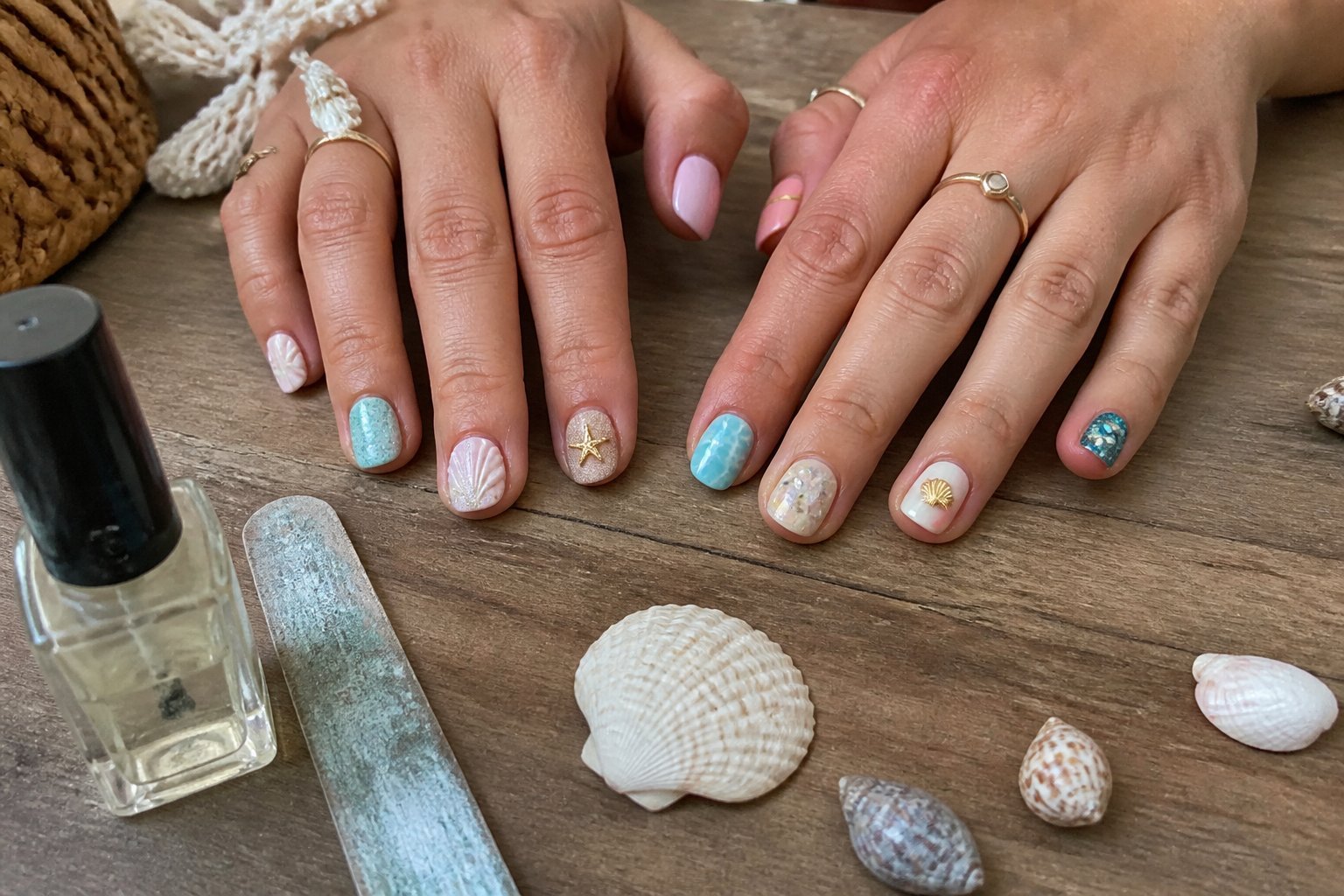 Close-up of hands displaying 10 different beach-themed nail designs on a wooden surface with seashells and nail care items nearby.