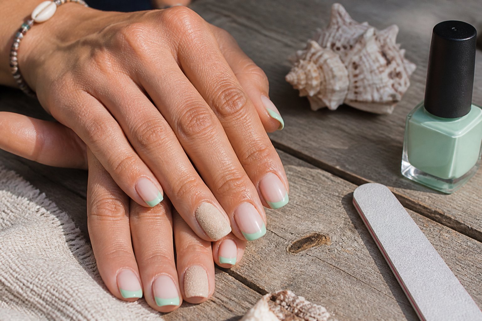 A close-up of hands with seafoam French tip nails and matte sand accent nails resting on a textured surface, with a nail file and nail polish bottle nearby.