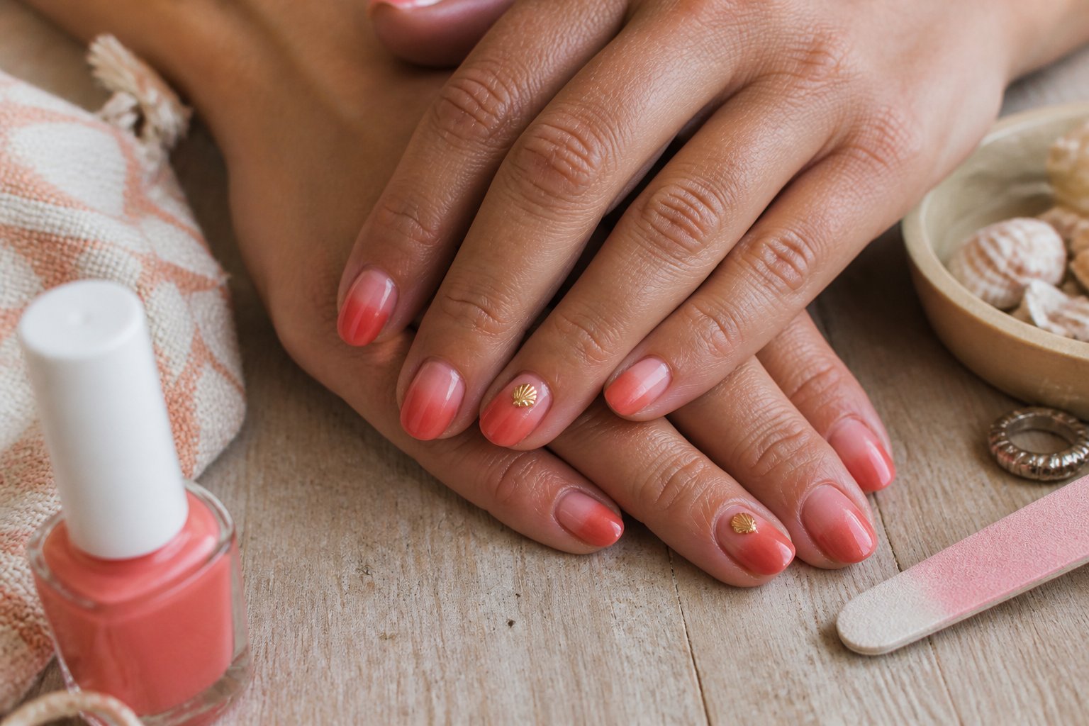Close-up of hands with coral ombré nails and tiny gold shell studs resting on a wooden surface with nail care items nearby.