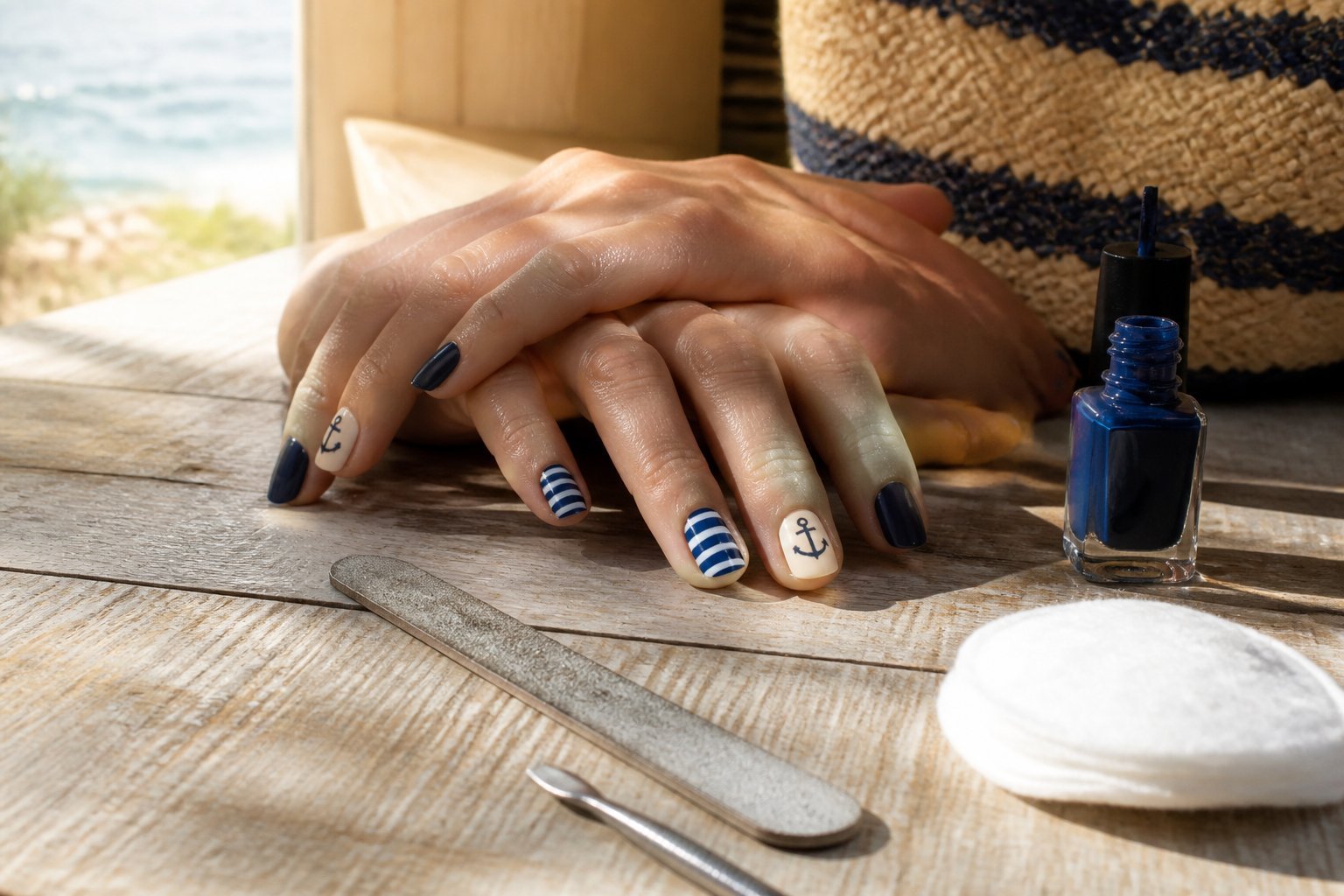 Close-up of hands with navy and white striped nails and anchor accents resting on a wooden surface surrounded by manicure tools.