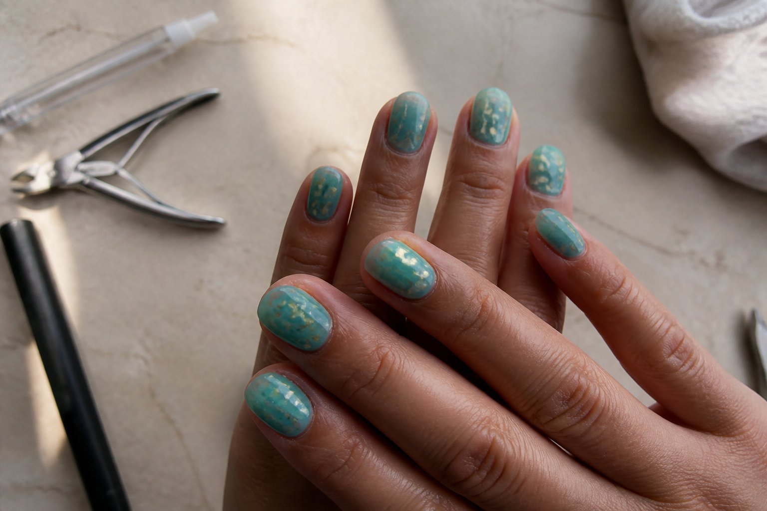 Close-up of hands with turquoise jelly nails featuring embedded real shell flakes, resting on a textured surface with manicure tools nearby.