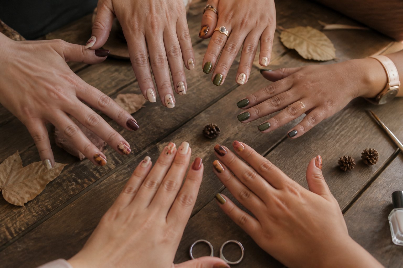 Close-up of hands showing ten different late summer to fall nail designs on a wooden table with manicure tools and autumn leaves nearby.
