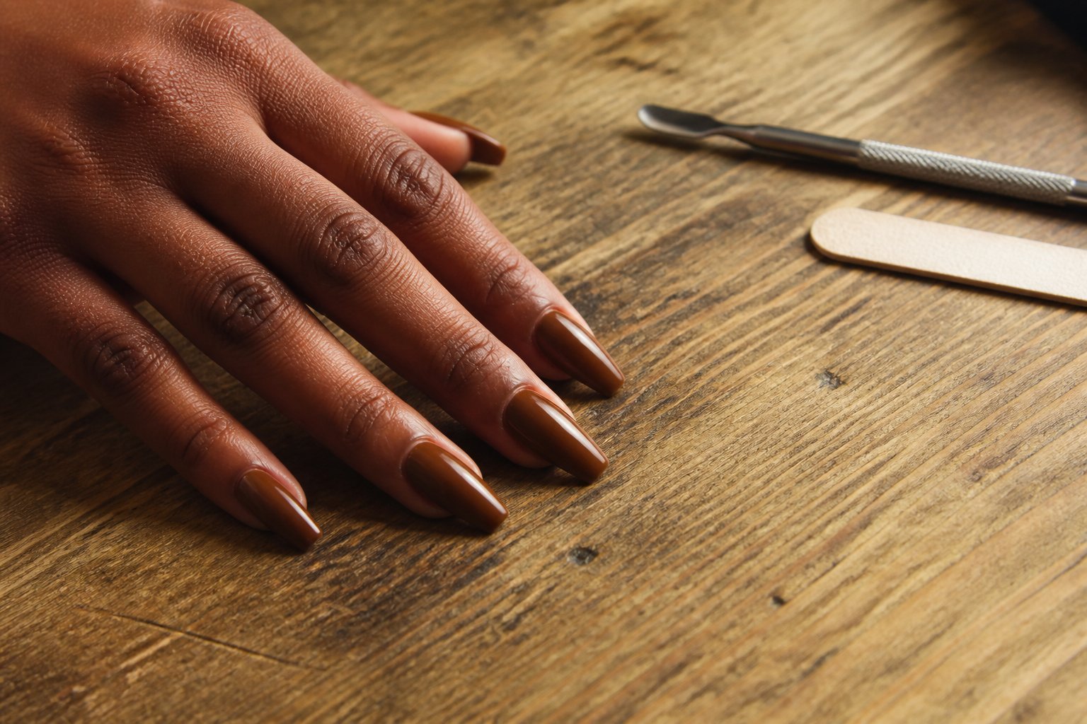 Close-up of a hand with caramel brown glossy coffin nails resting on a wooden table with manicure tools nearby.