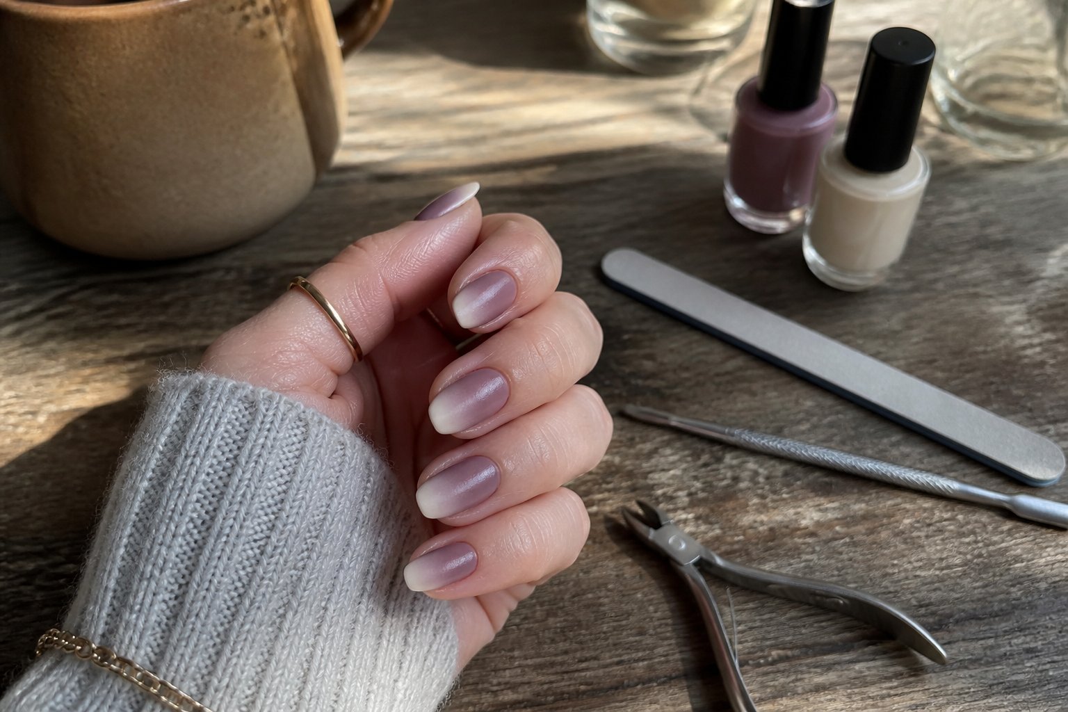 Hands with dusty mauve ombré to cream nails holding manicure tools on a wooden table with natural daylight and soft shadows.