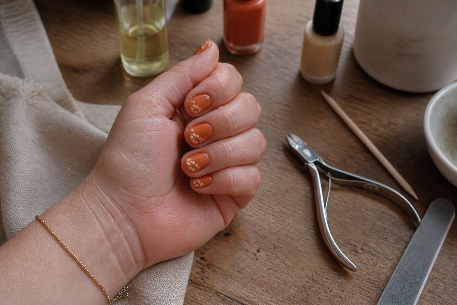 Hands with sunset orange nails featuring tiny floral tips resting on a wooden surface with manicure tools nearby.