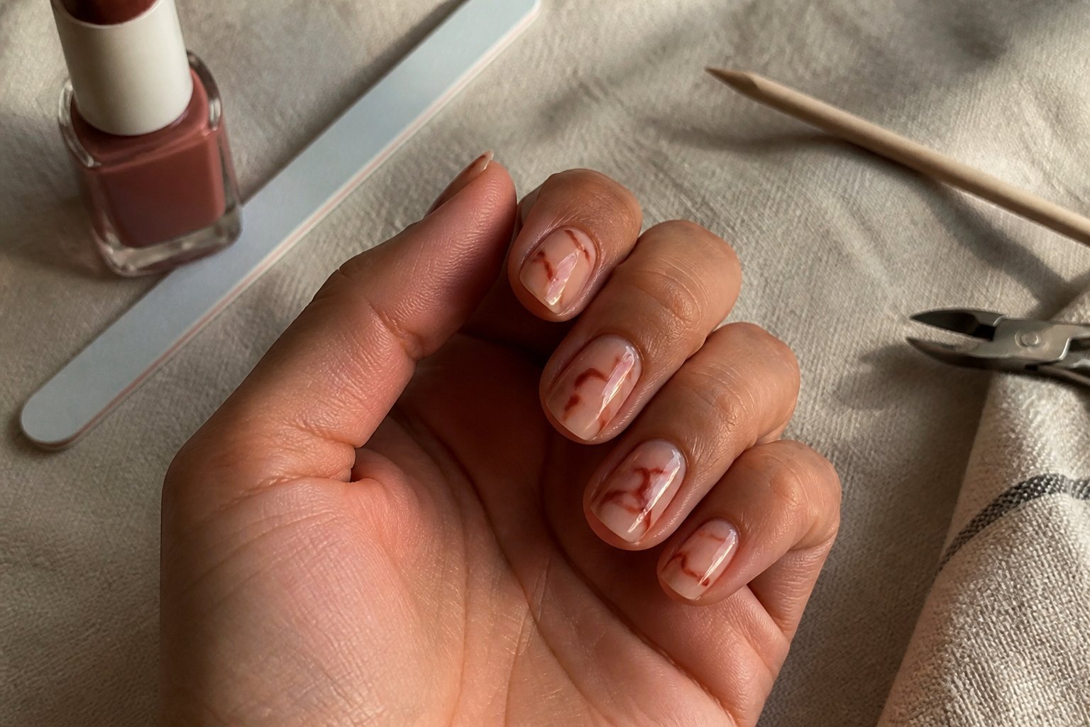 Close-up of hands with nails painted in sheer nude and rust swirl designs, surrounded by nail care tools on a softly lit surface.