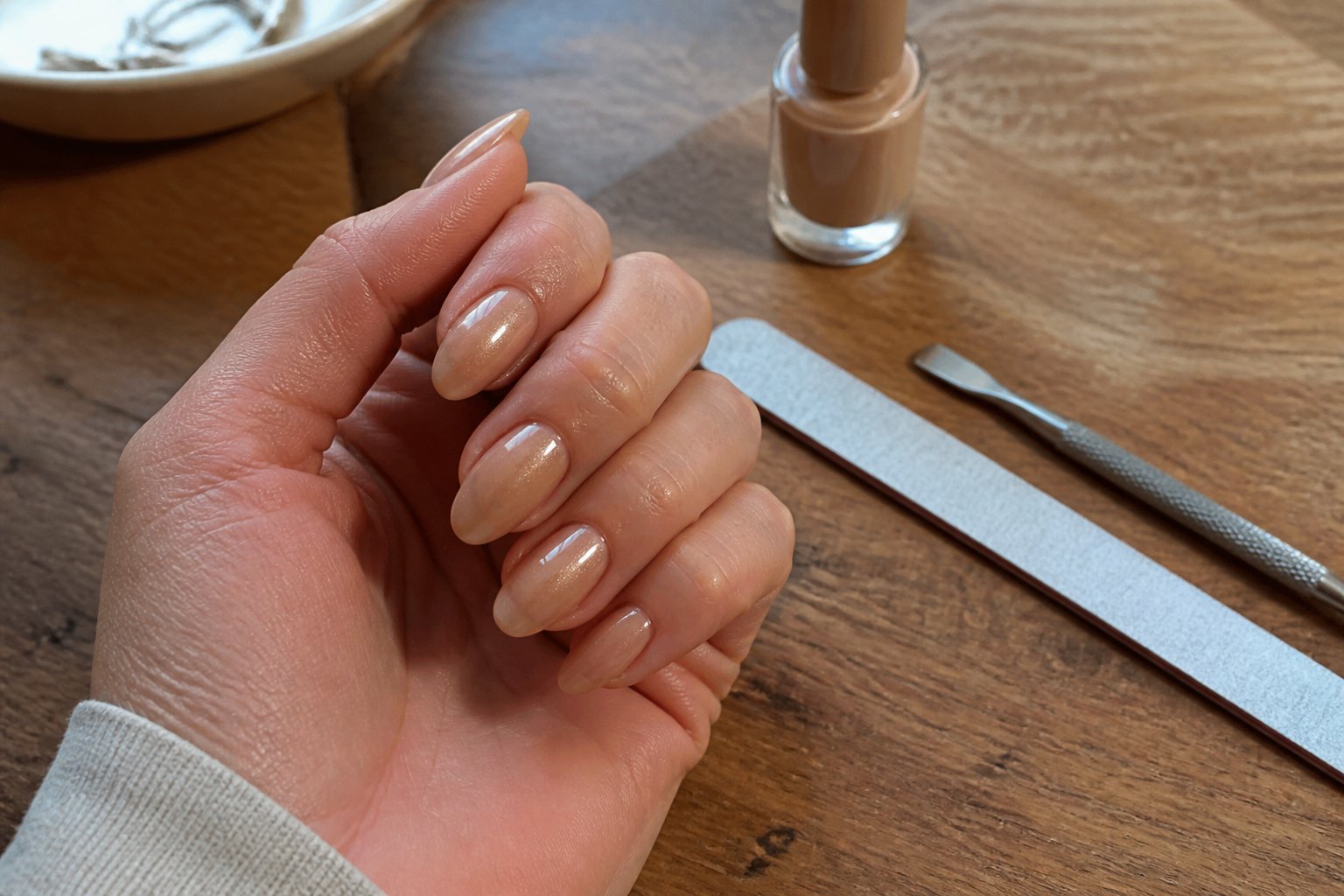 Close-up of a hand with warm beige stiletto nails with pearl sheen resting on a wooden table with manicure tools nearby.