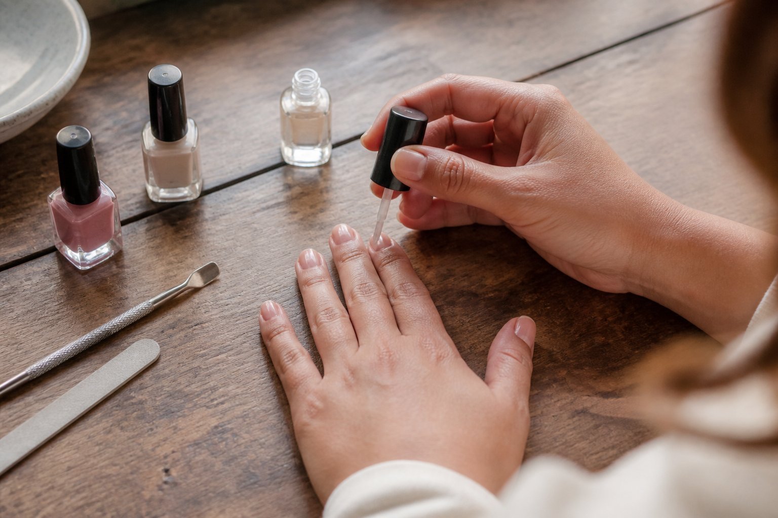 A close-up of hands caring for nails with nail tools and polish bottles on a wooden table, lit by soft natural daylight.