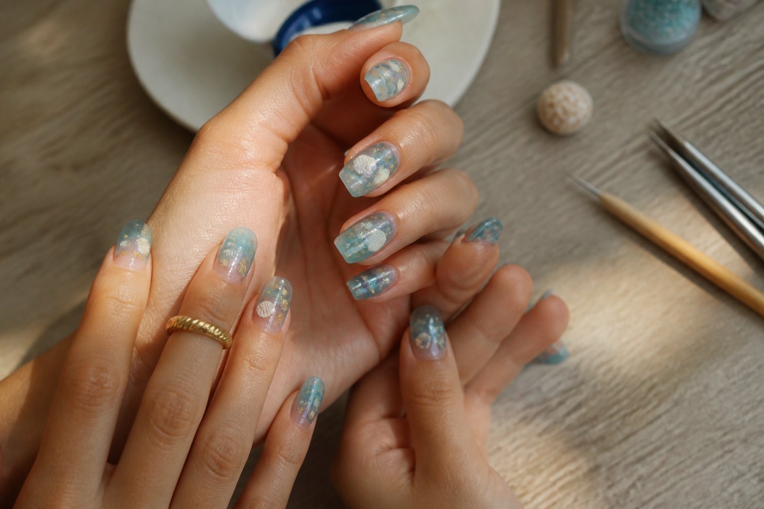 Close-up of hands with aqua jelly nails decorated with tiny seashell decals, resting on a wooden surface with nail tools and a small seashell nearby.