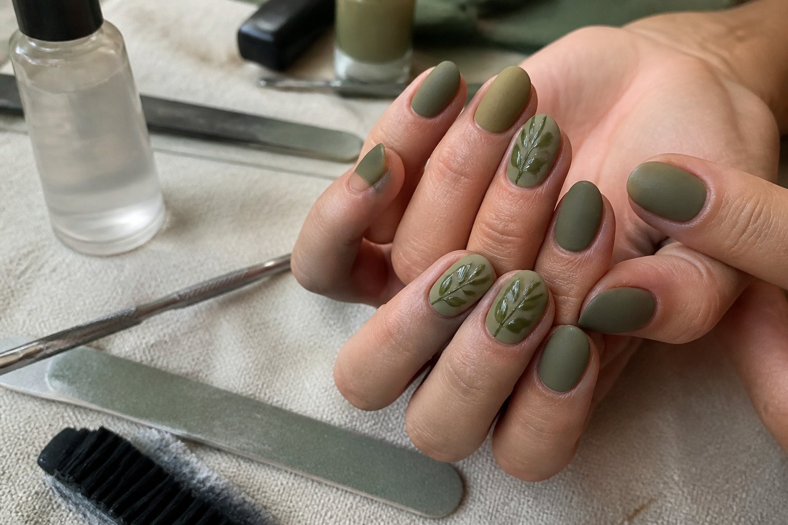 Close-up of hands with matte olive green nails and glossy leaf accents resting on a wooden surface, surrounded by manicure tools.