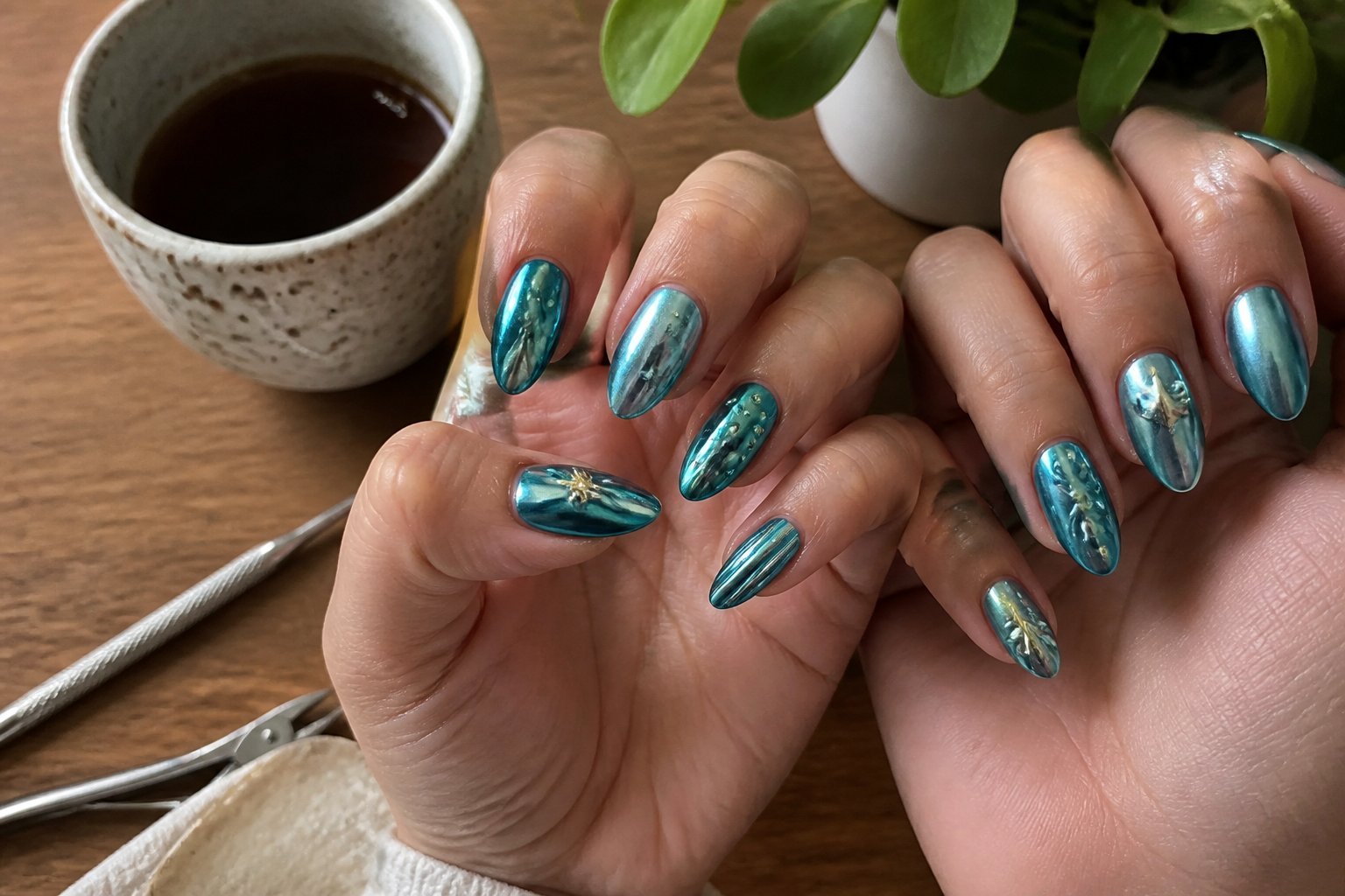 Close-up of hands with teal chrome nail polish resting on a wooden table with manicure tools and a plant in soft daylight.