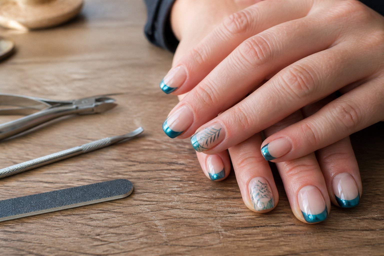 Close-up of hands with teal chrome French tip nails and a palm-frond accent resting on a wooden surface with manicure tools nearby.