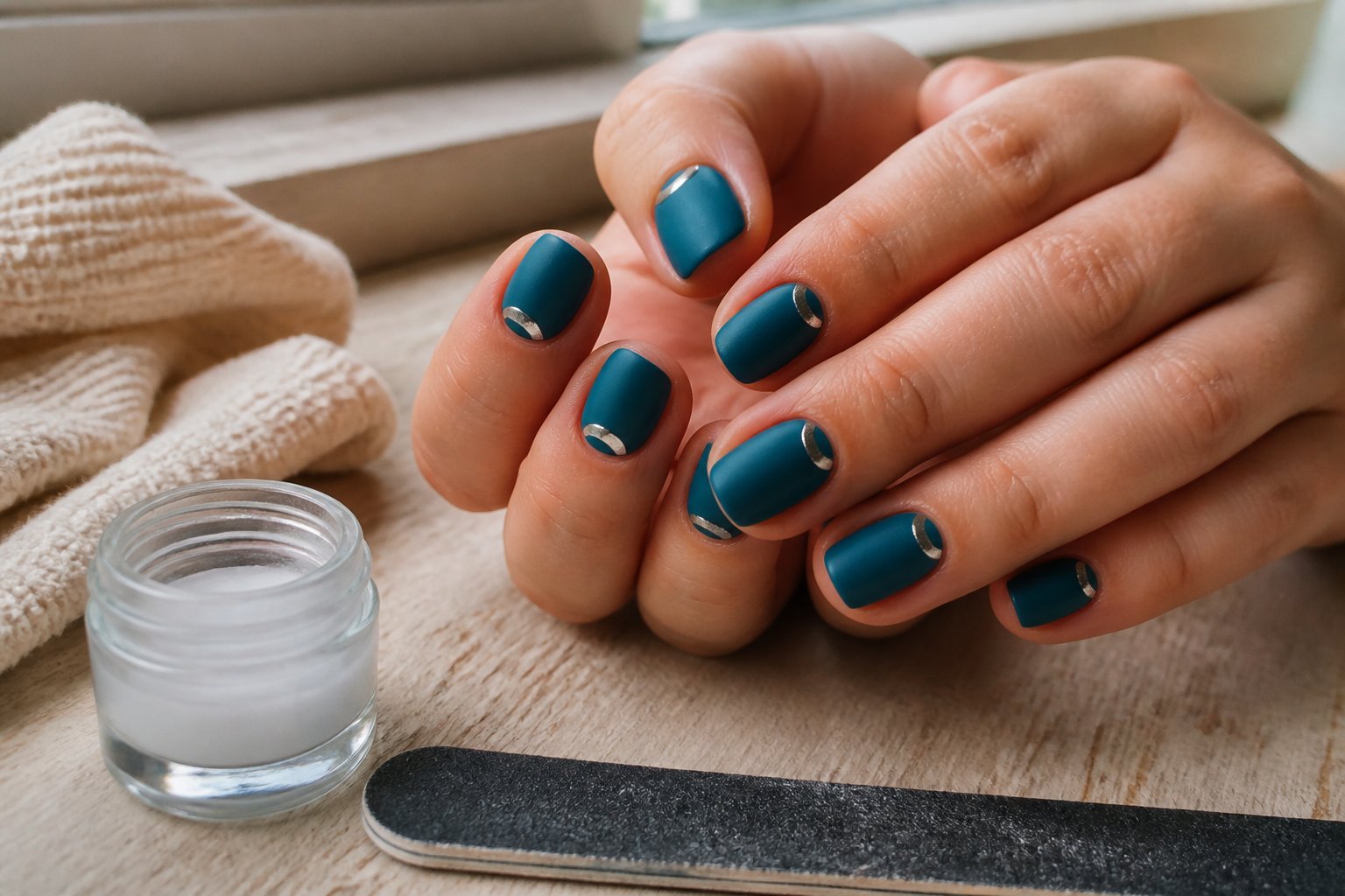Close-up of hands with matte teal nails and chrome crescent moon designs resting on a wooden surface with nail care tools nearby.