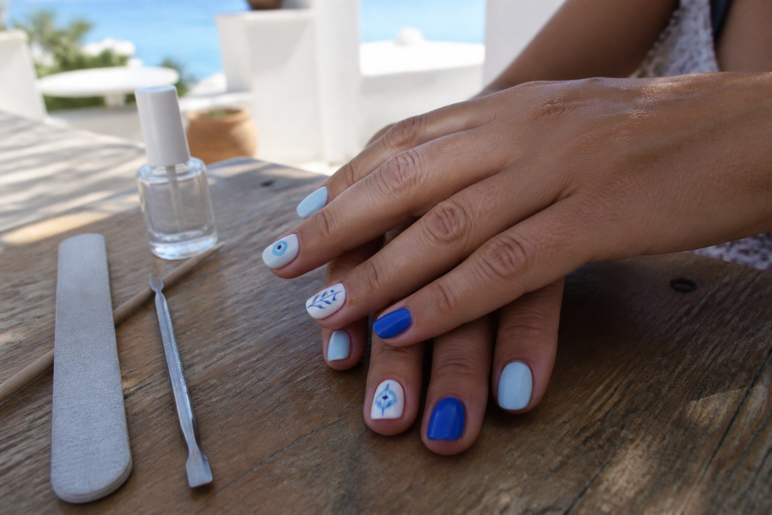 Close-up of hands with blue and pastel nails resting on a wooden table with manicure tools nearby in natural daylight.