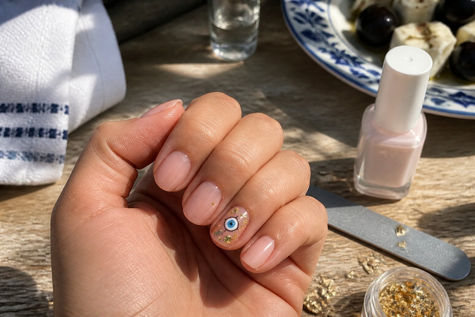 Close-up of a woman's hand with an Evil Eye accent nail featuring gold foil, resting on a wooden surface with manicure tools nearby.