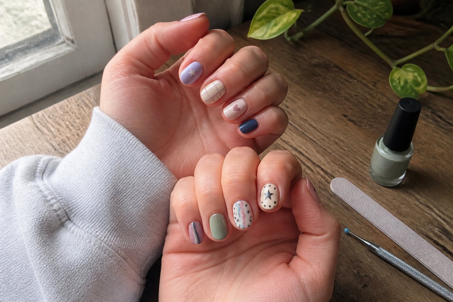 A close-up of hands with trendy, soft pastel nail designs resting on a wooden table with nail tools nearby, lit by natural daylight.