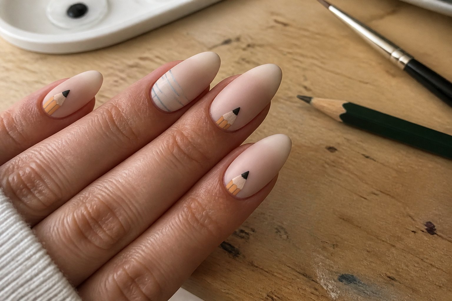 Close-up of almond-shaped nails with tiny pencil designs, a hand resting on a wooden surface with nail art tools nearby.