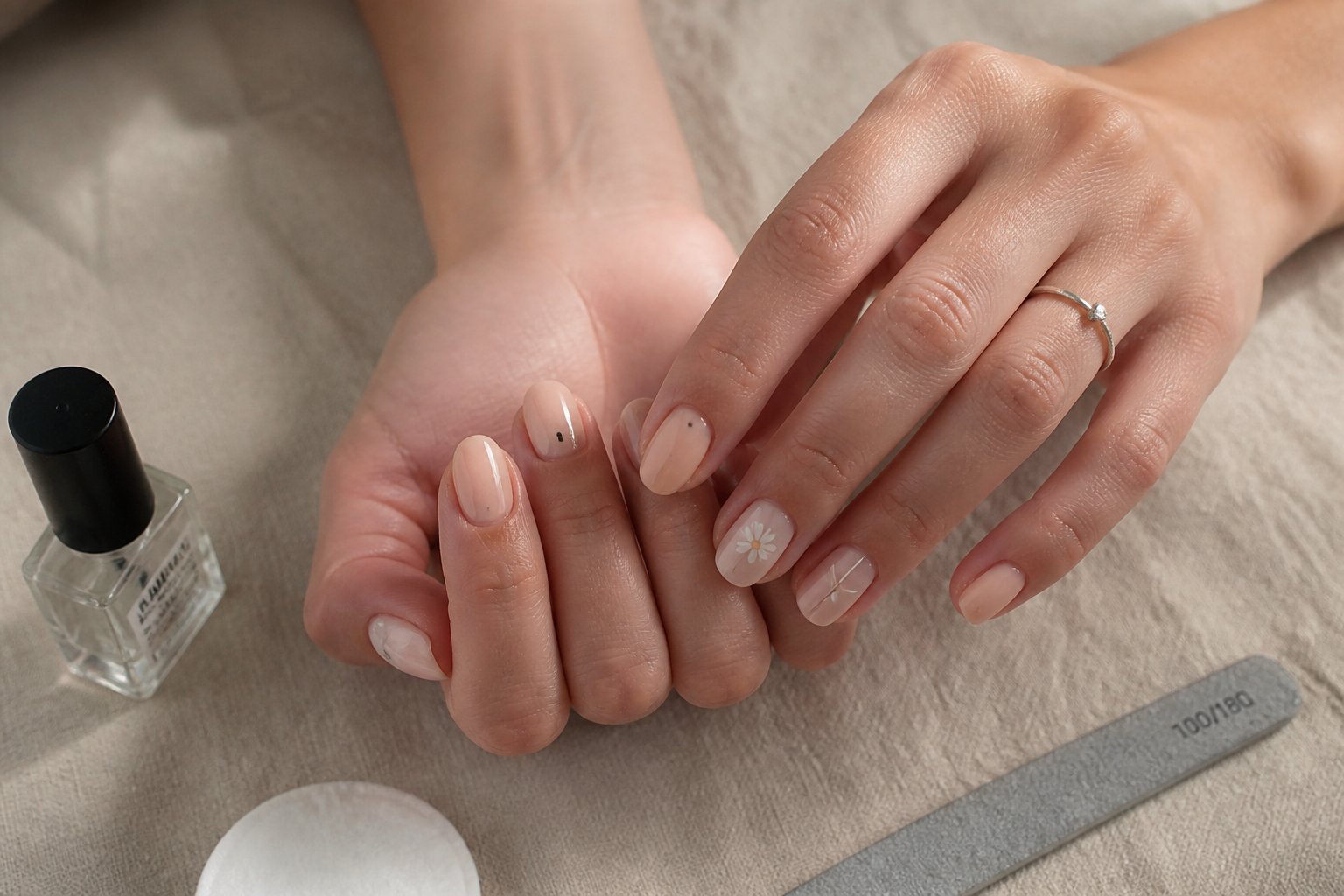 Close-up of hands displaying natural, minimalist nude nail art with nail care tools nearby on a light surface.