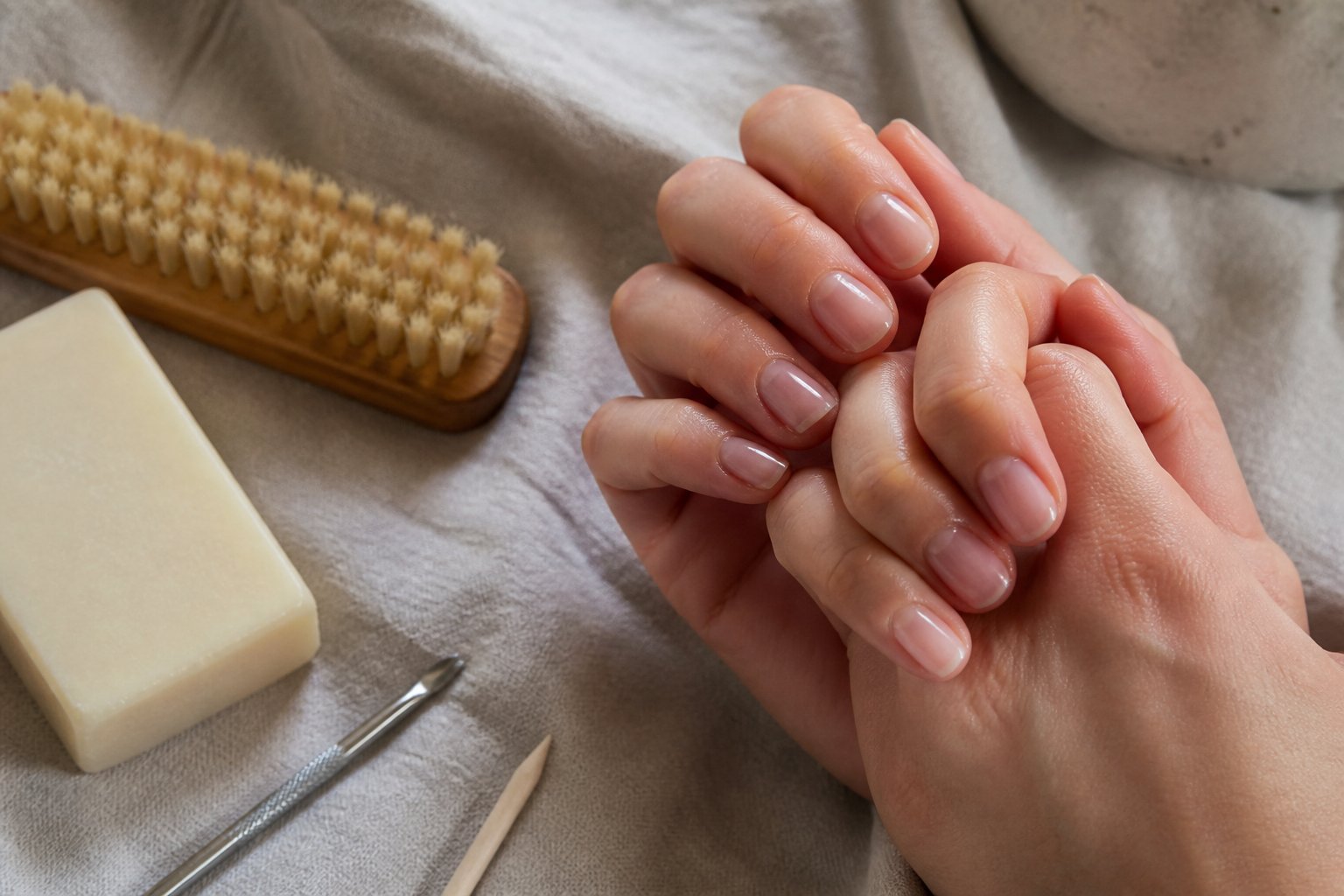 Close-up of hands with natural-looking glossy nude nails surrounded by manicure tools and a soap bar on a neutral cloth.