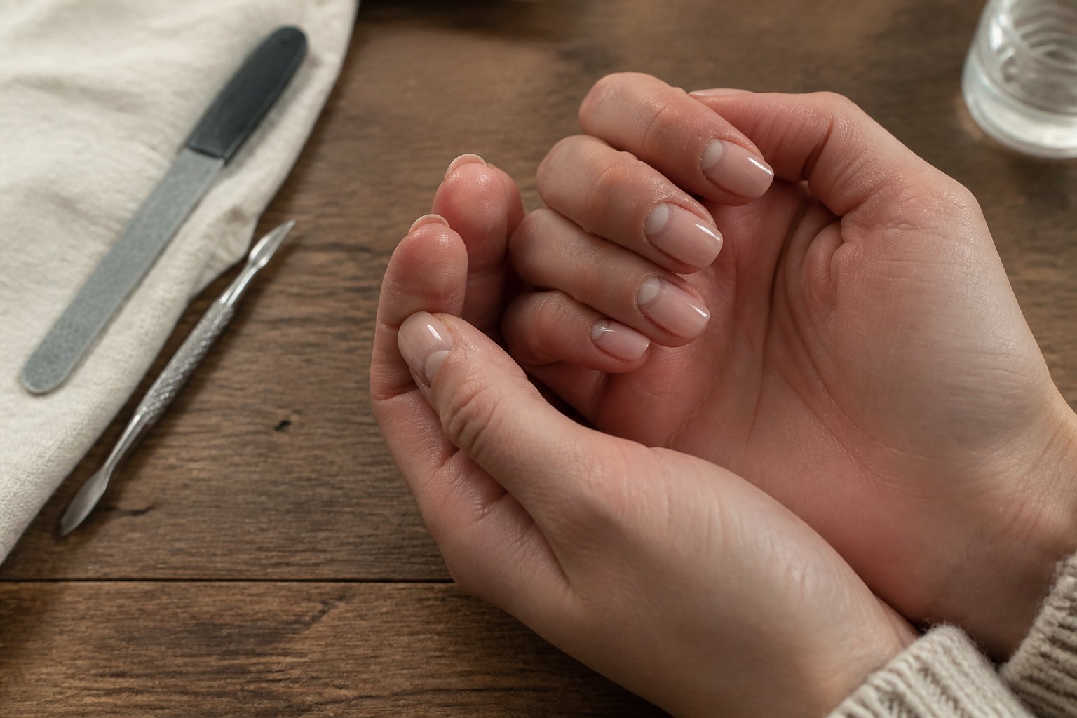 Close-up of hands with minimalist nude nails featuring crescent moon tips, with manicure tools nearby on a textured surface.