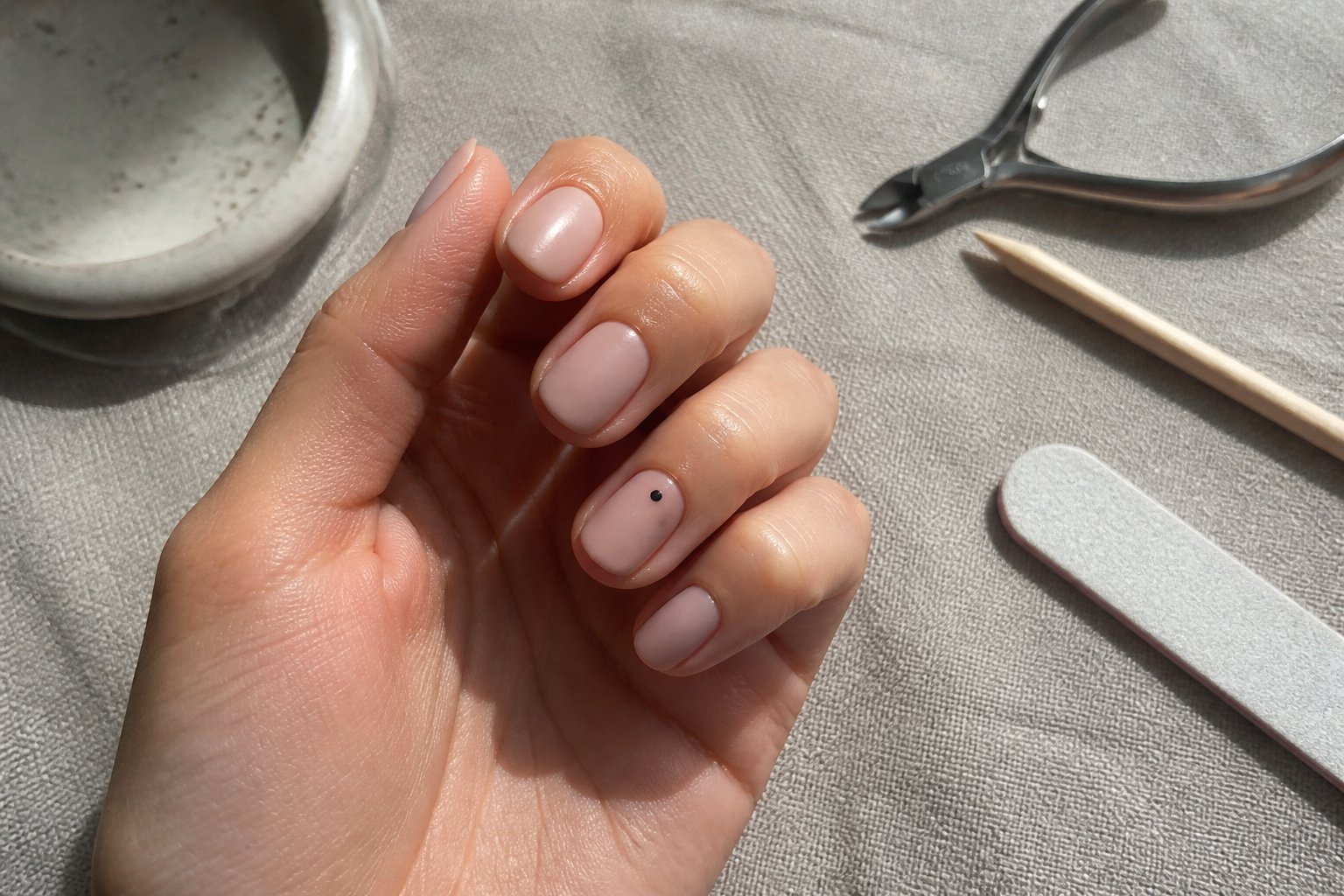 Close-up of a hand with a matte nude manicure featuring a small black dot on one nail, resting near manicure tools on a textured surface.