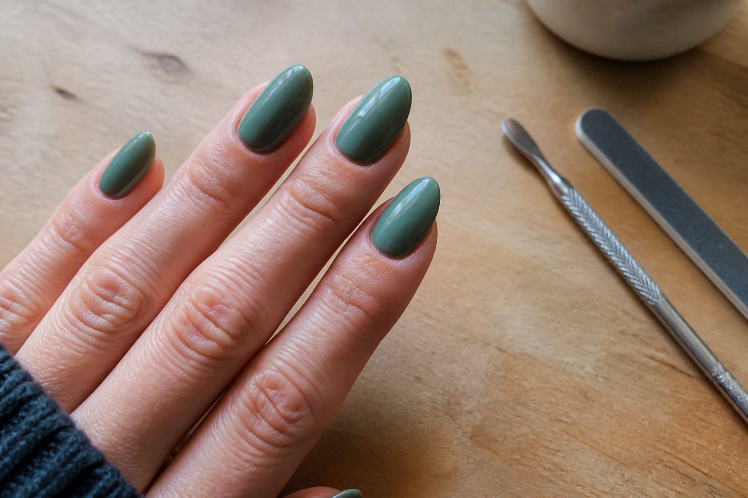 Close-up of a hand with almond-shaped opaque jade green nails resting on a wooden surface with manicure tools nearby.