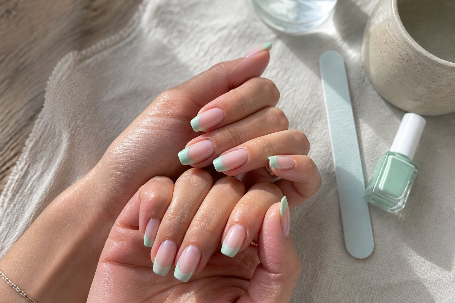 Close-up of hands with sheer mint-jade French tip nails resting on a wooden surface with manicure tools nearby.