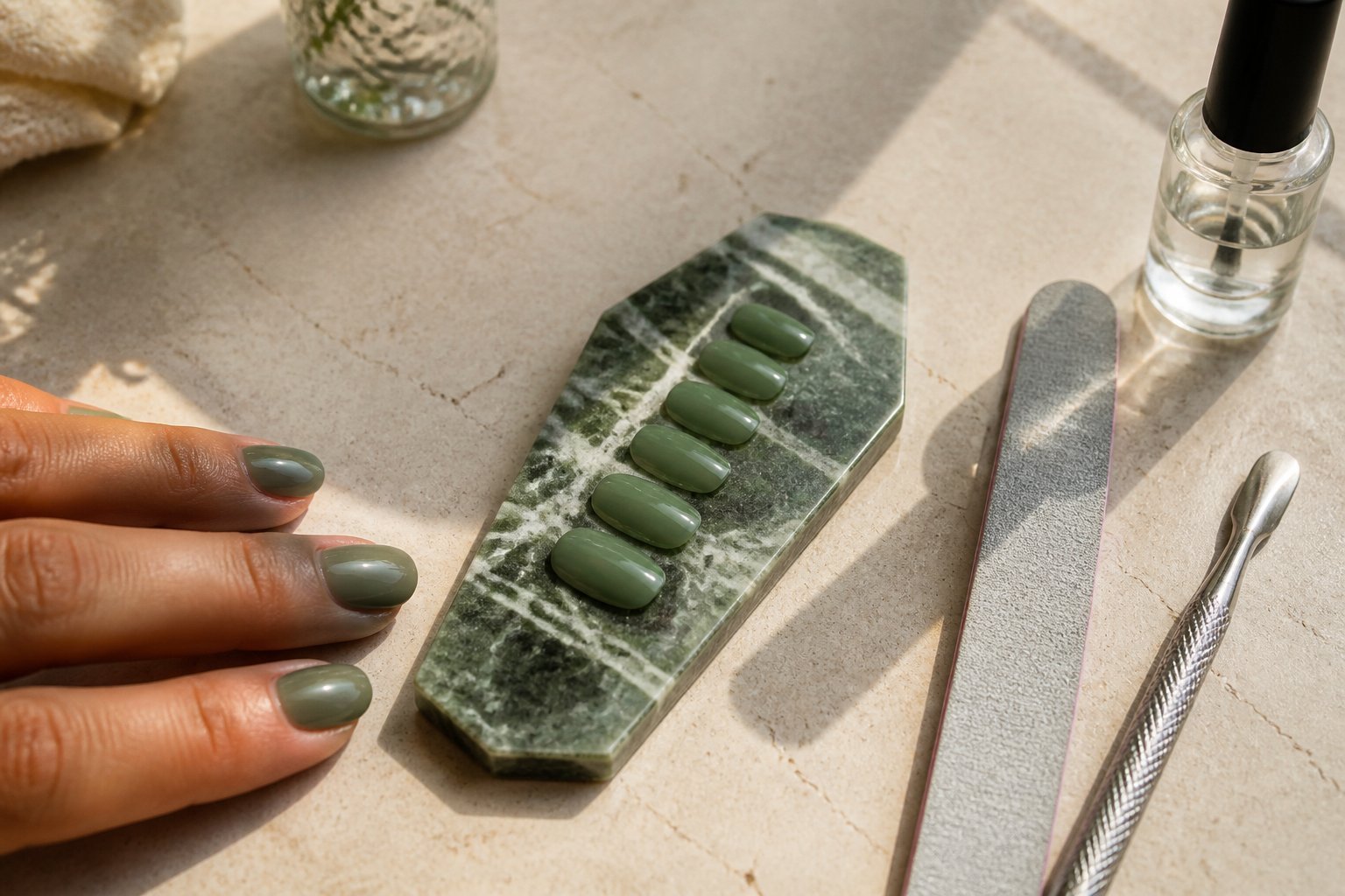 A hand with jade green nails resting near a short coffin-shaped jade and white veined marble nail display, surrounded by manicure tools on a natural surface.