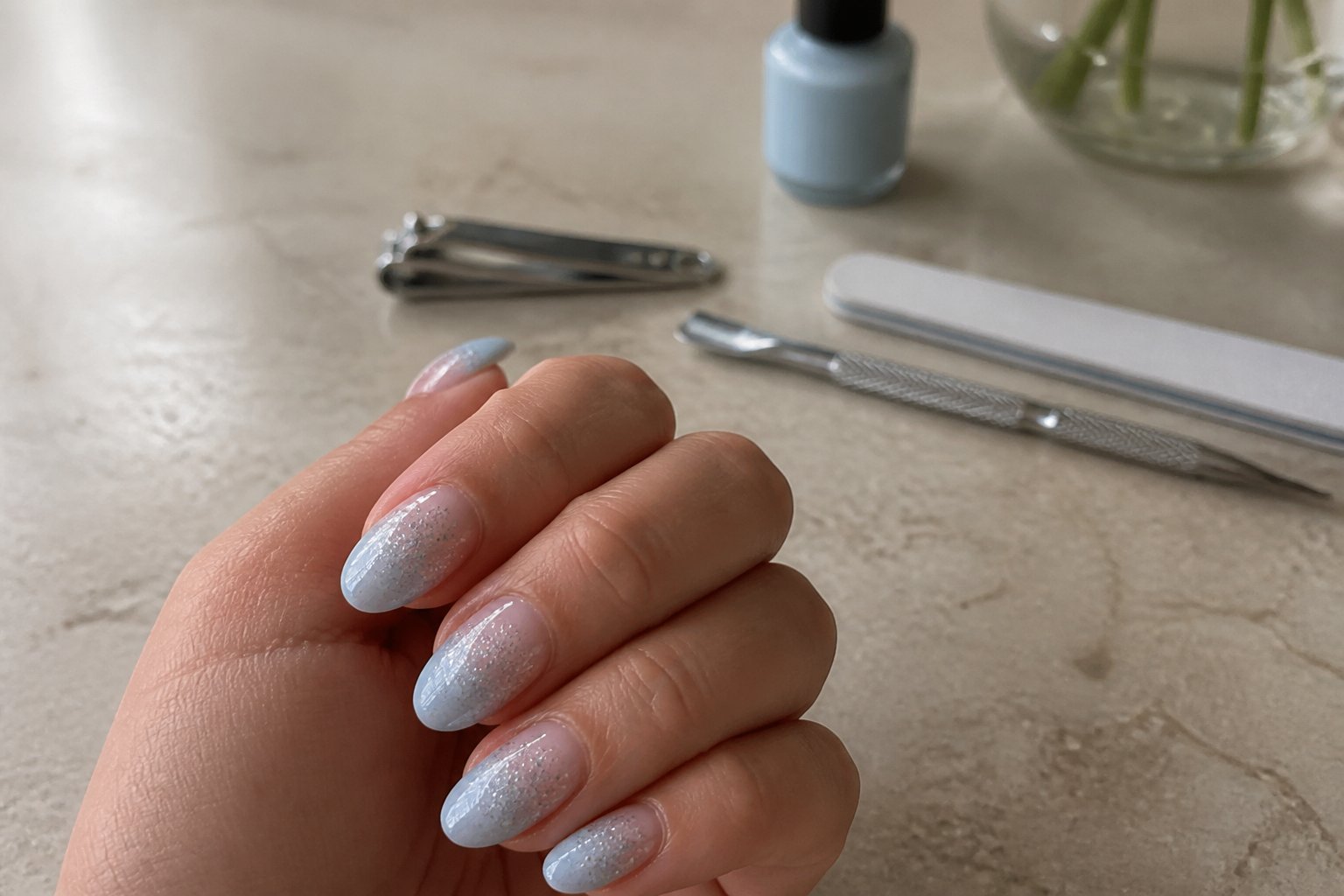 A hand with soft milky blue ombre nails and subtle silver glitter resting on a neutral surface, with manicure tools nearby.
