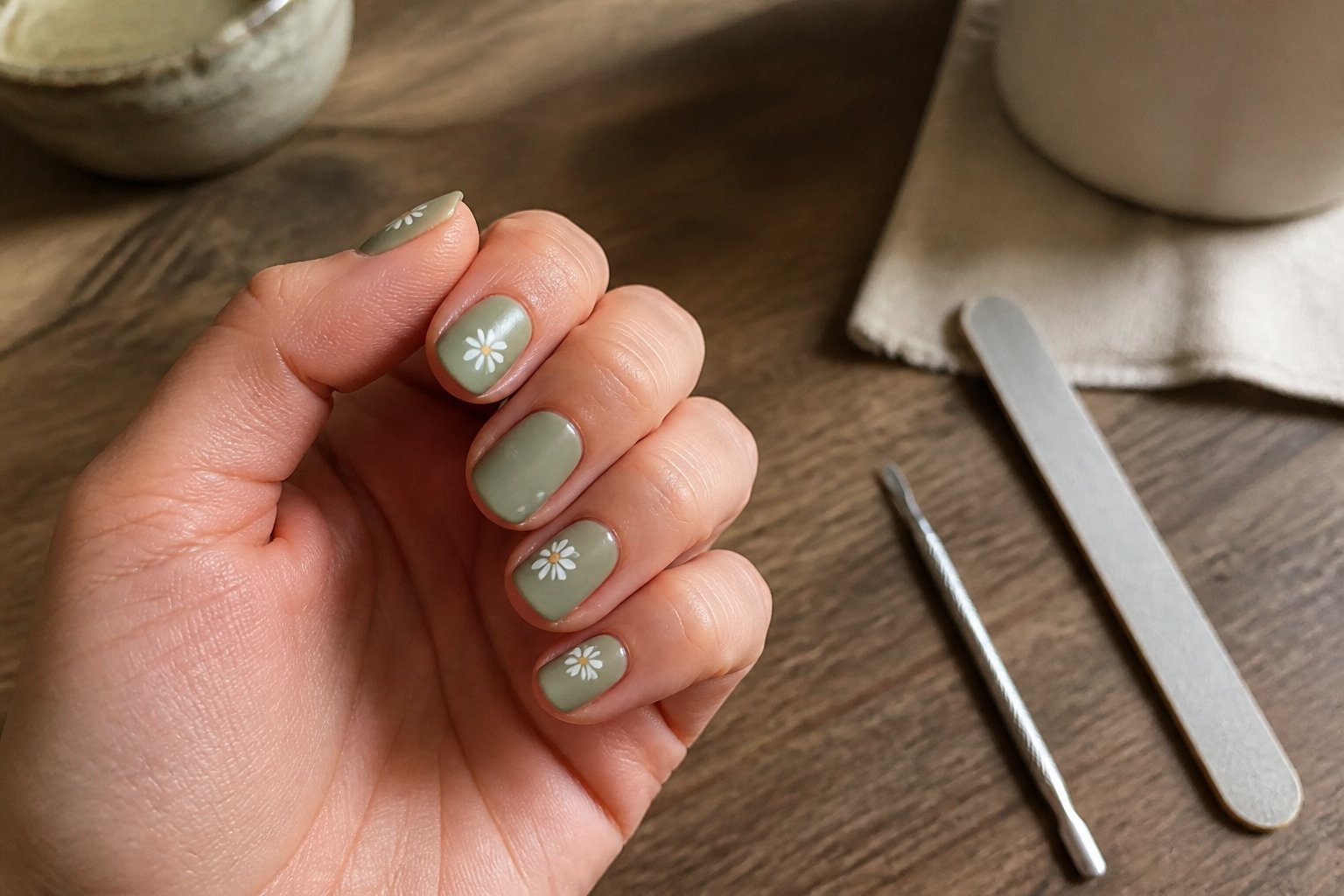 A close-up of a hand with sage green matte nails featuring tiny white daisy accents, resting on a wooden surface with manicure tools nearby.