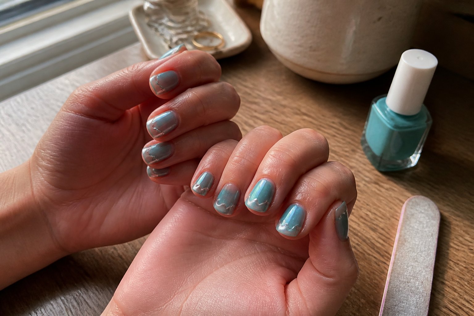 Close-up of hands with translucent teal jelly nails and clear wave tips resting near a nail file and polish bottle on a light surface.
