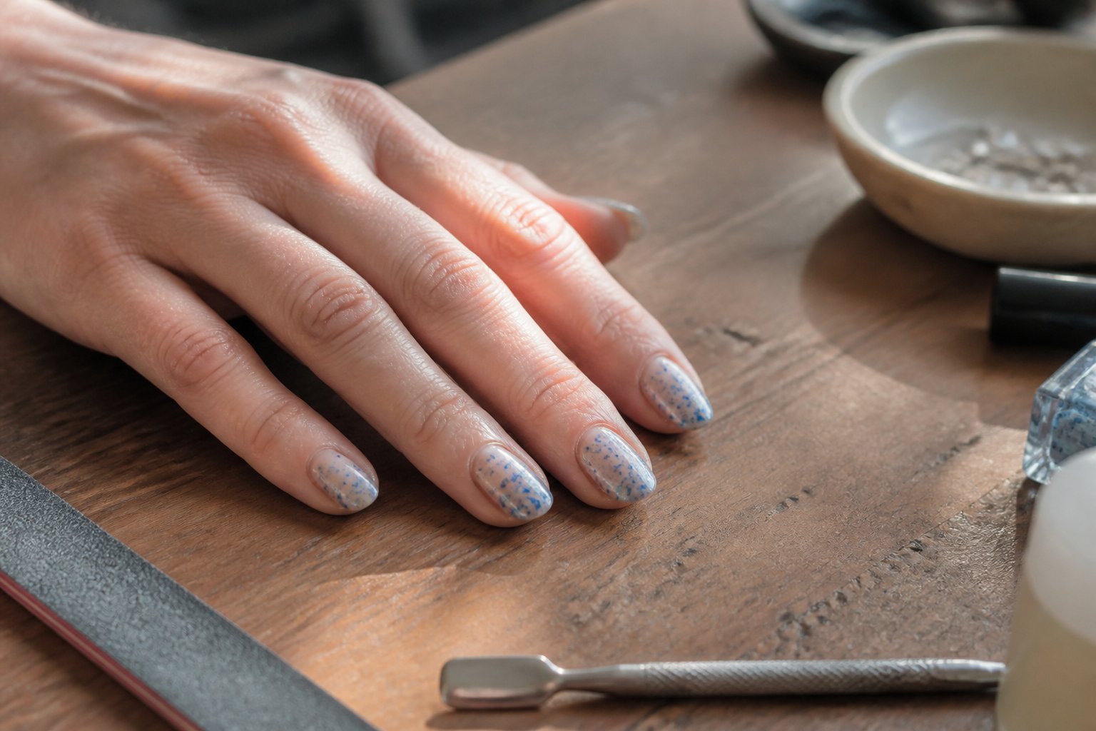 Close-up of a hand with pearlescent beige nails accented with blue foil resting on a wooden surface, surrounded by nail care tools.