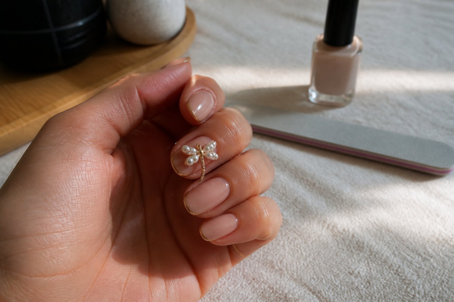 Close-up of a hand with a pearl-embellished dragonfly charm on the nail, surrounded by nail care items on a light surface.