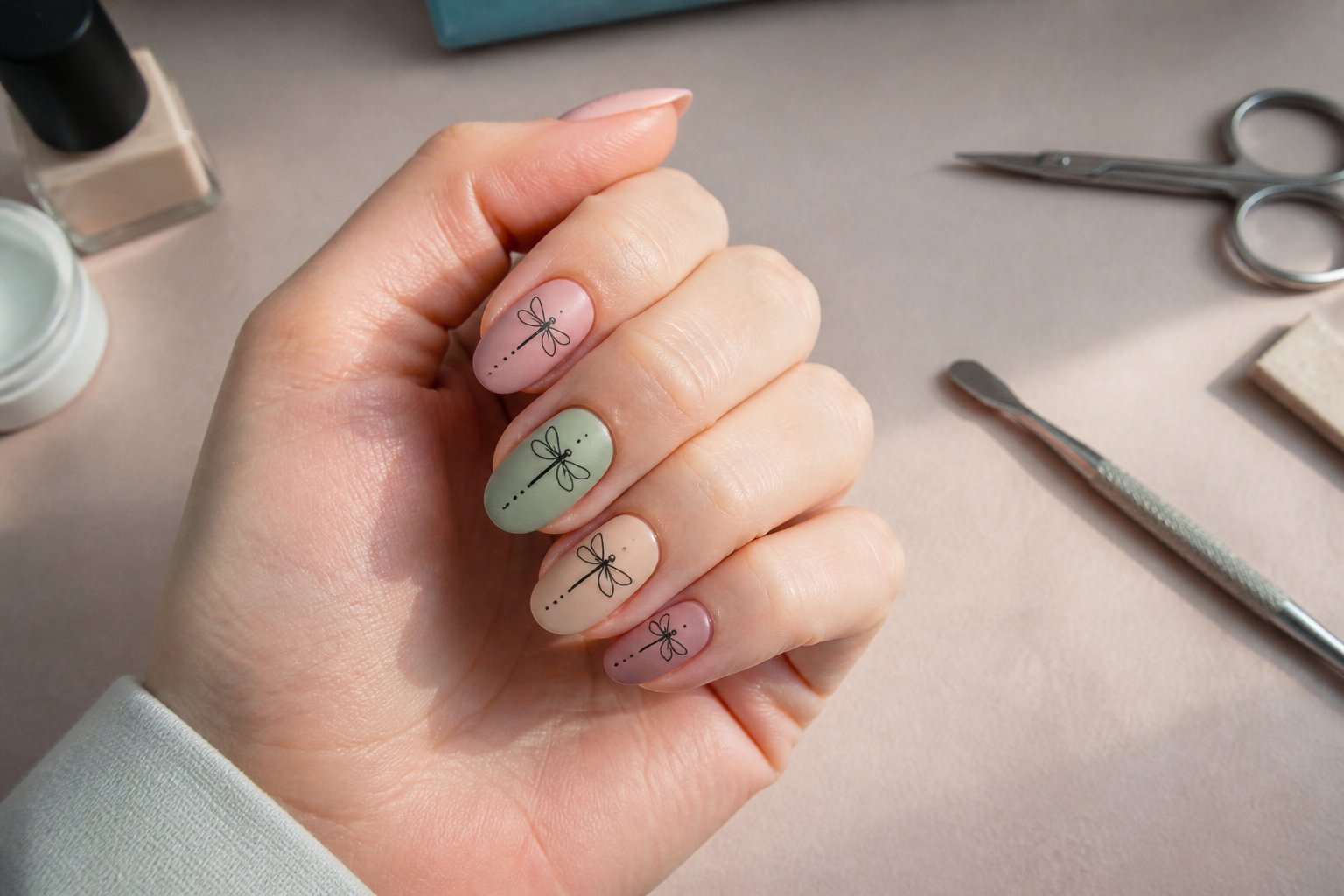 Close-up of a hand with black line dragonfly nail art on matte pastel nails resting on a pastel surface with manicure tools nearby.