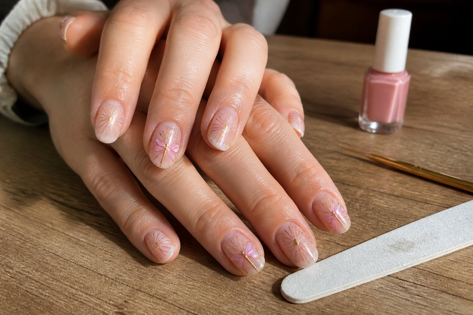 Close-up of hands with pink and gold dragonfly nail designs resting on a wooden table with nail tools nearby.