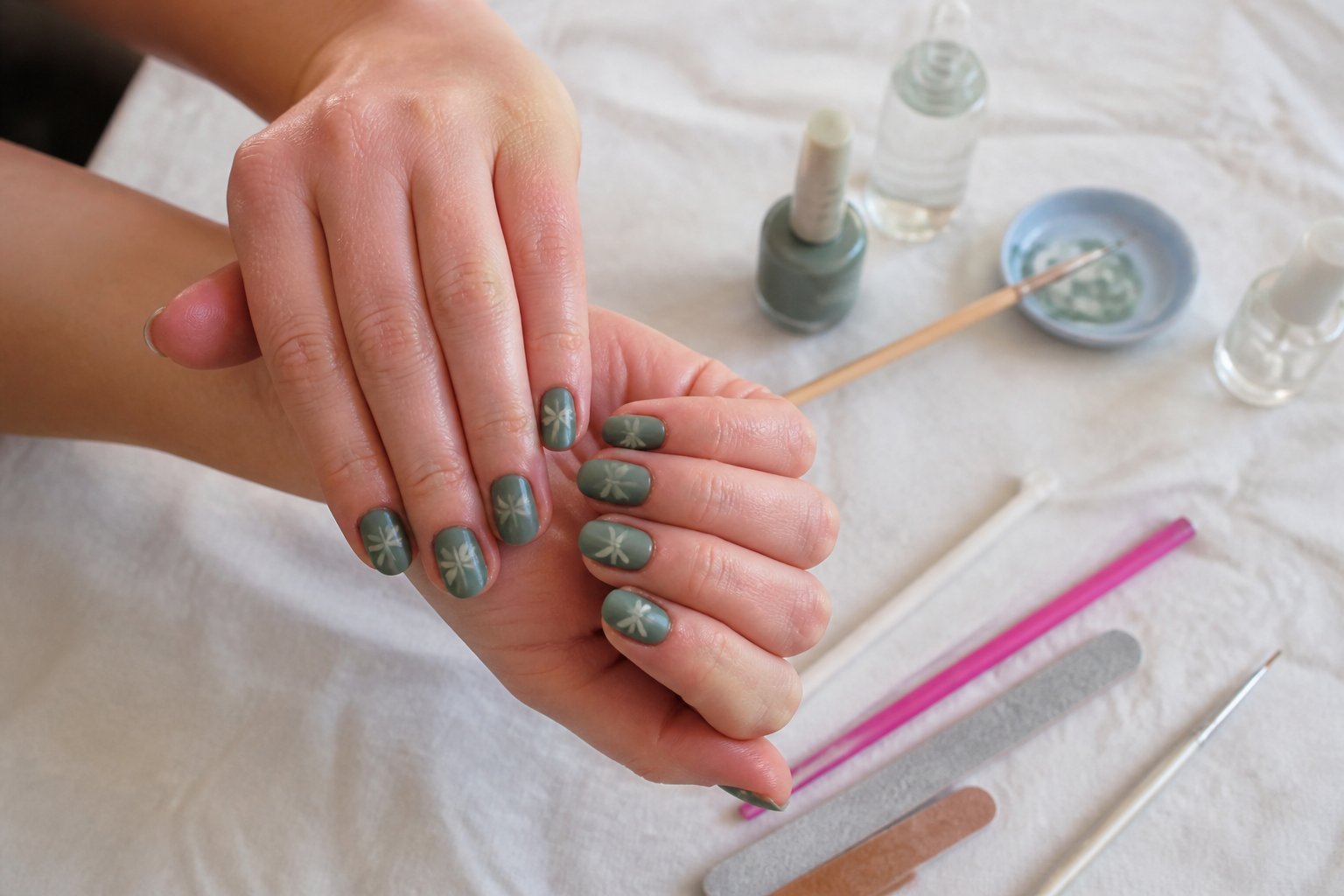 Close-up of hands with dragonfly silhouette nail art surrounded by manicure tools on a clean surface with natural soft daylight.