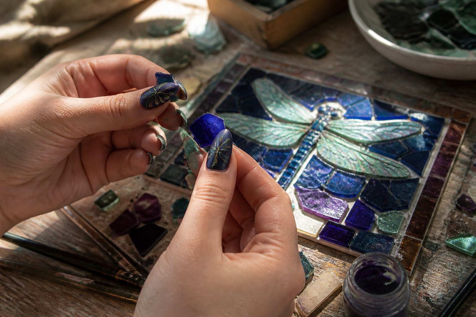 Close-up of hands with jewel-tone dragonfly nail art holding small mosaic tiles and nail tools on a textured workspace with natural daylight and casual arrangement.