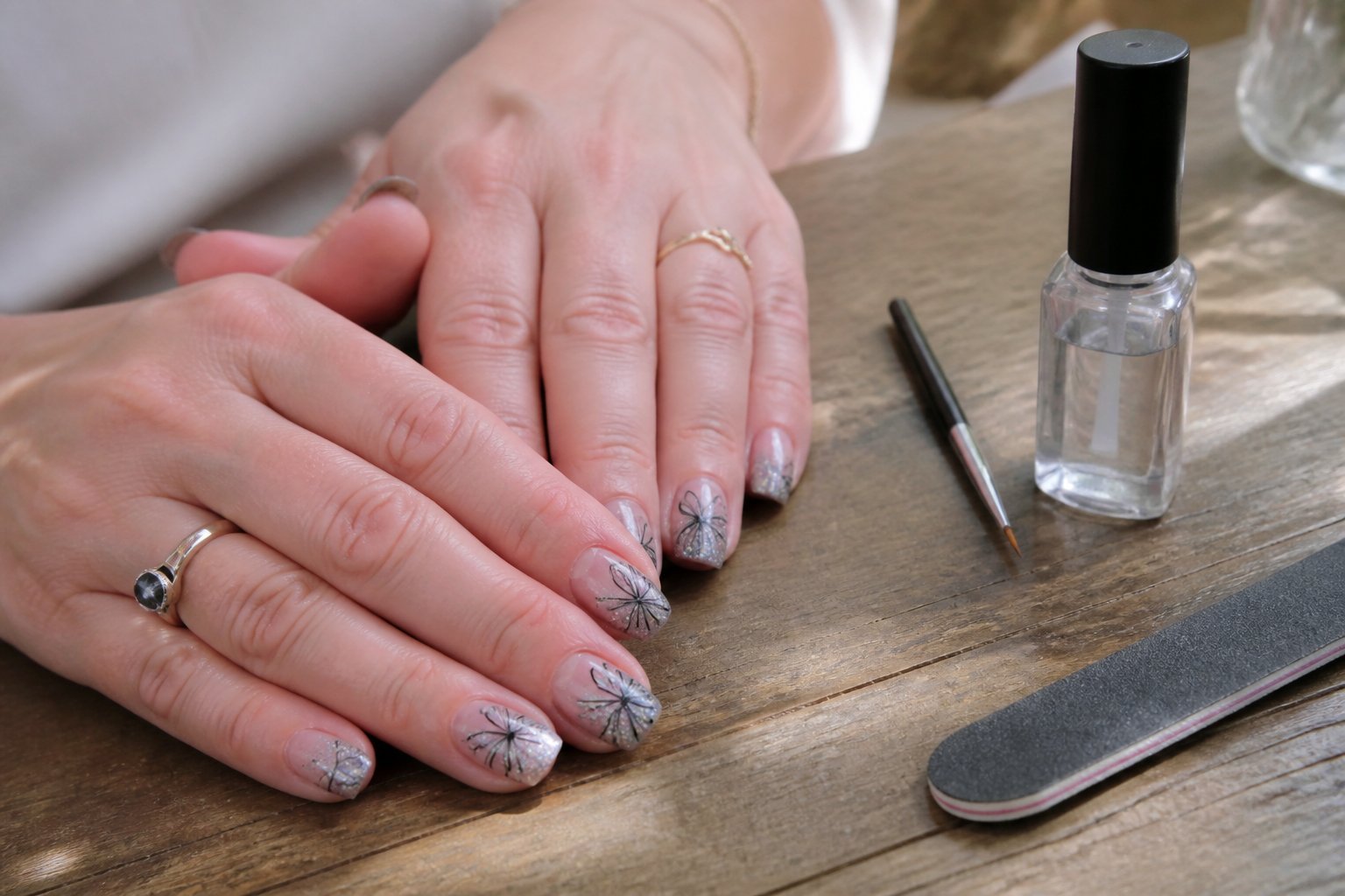 Close-up of hands with dragonfly-inspired glitter gradient nail art resting on a wooden table with manicure tools nearby.