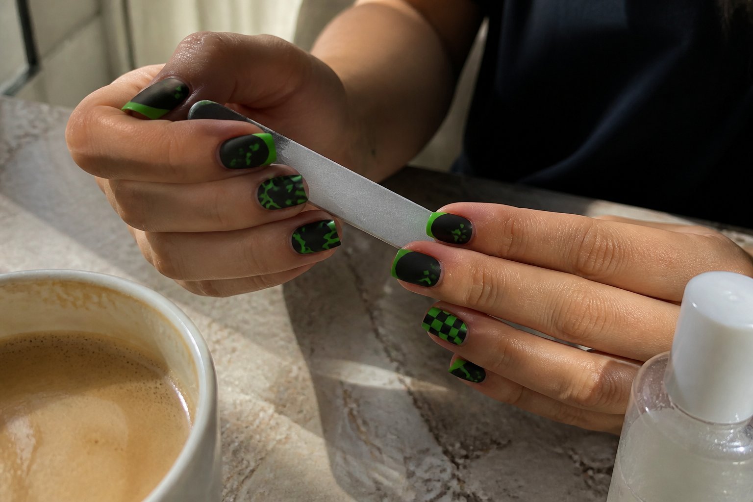 Close-up of hands with matte black nails and neon green French tips, holding everyday objects on a softly lit surface.