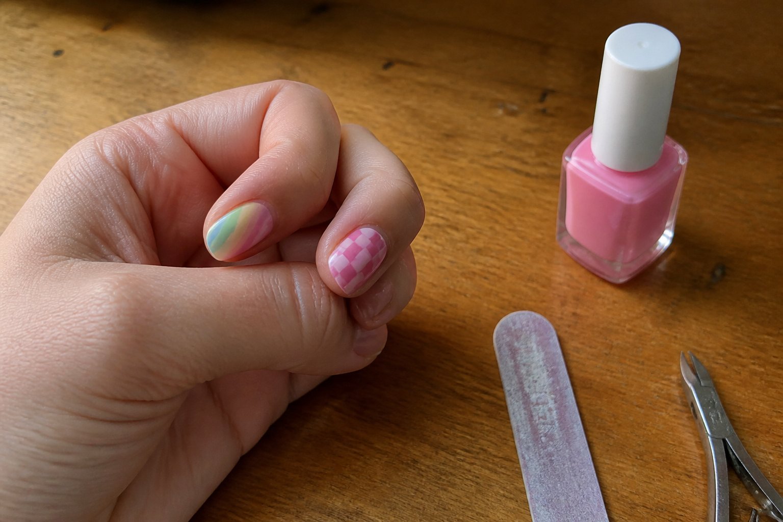 Close-up of a hand with mismatched nails showing a pastel rainbow gradient on the thumb and a pink checkerboard pattern on the index finger, resting on a wooden surface with nail tools nearby.
