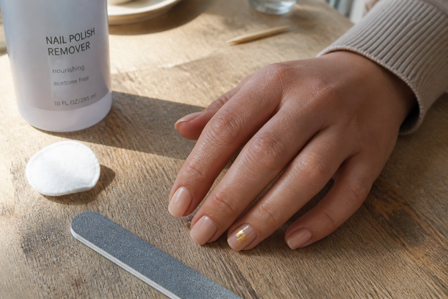 Close-up of a hand with opaque nude nails and one gold foil accent nail resting on a wooden table with manicure tools nearby.