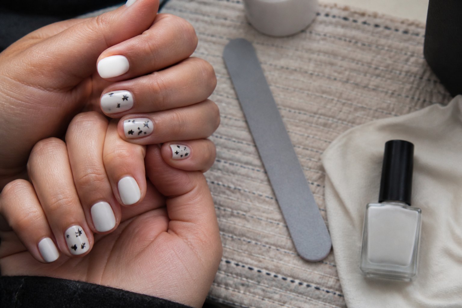 Close-up of hands with milky white nails stamped with tiny black stars on alternating fingers, surrounded by nail care tools on a light surface.